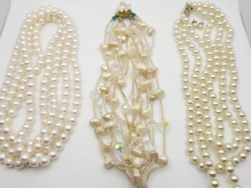 Vintage Faux Pearl Necklaces Inc JBK Brass Tone Clasp Necklace Measures 17": Brass Tone Clasp Necklace Measures 17" JBK Necklace Measures 18" Single Strand Necklace Measures 62"