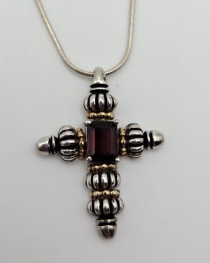 Sterling and 14k Gold Garnet Cross Necklace Necklace Measures 19"  Necklace Weighs 9.4 Grams (1 of 8)