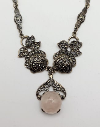 Sterling Silver Marcasite & Rose Quartz Necklace Necklace Measures 17" Necklace Weighs 21 Grams: Necklace Measures 17" Necklace Weighs 21 Grams