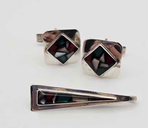 Vintage Sterling Silver Inlay Tie Clip Cufflinks Cufflinks Weigh 6.6 Grams (1 of 10)