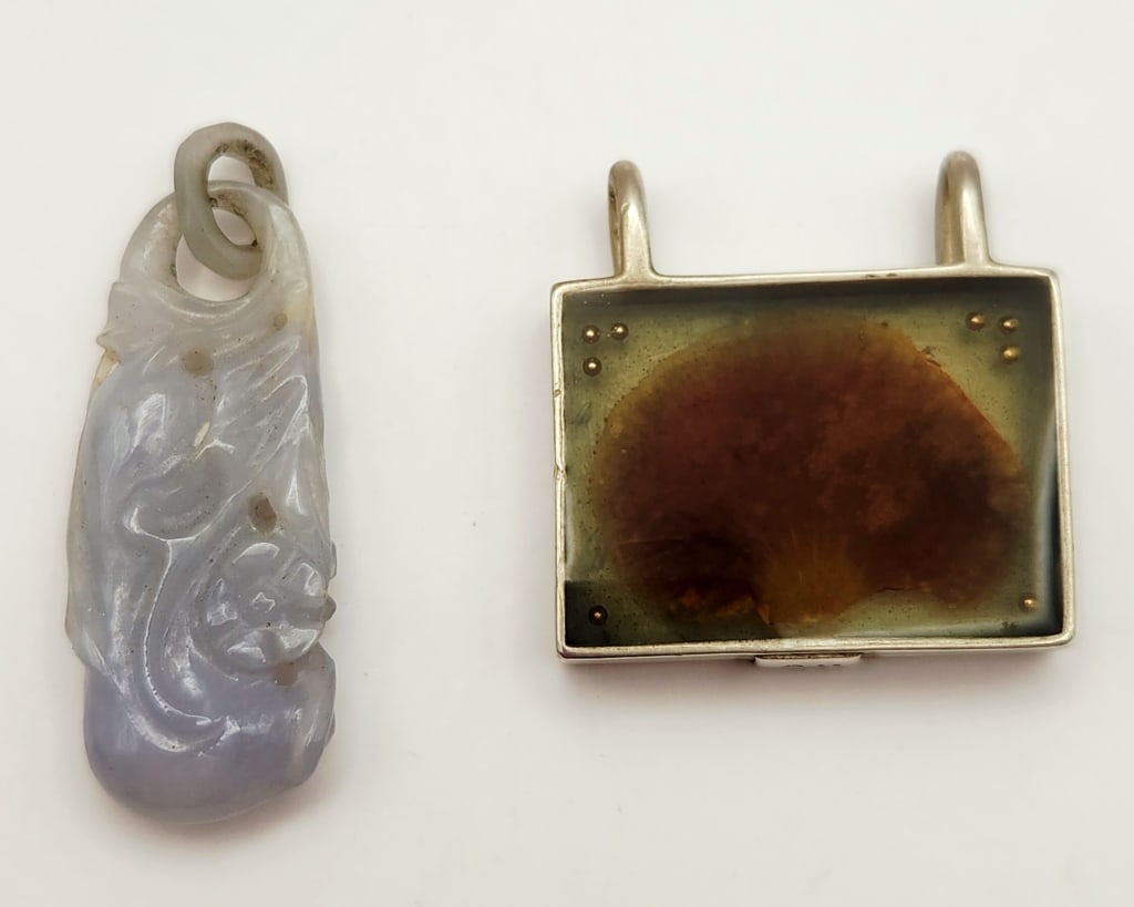 Vintage Pale Blue/White Jade & Sterling A H Modernist Pendants: Modernist Pendants Modernist pendant weighs 17.8 grams.