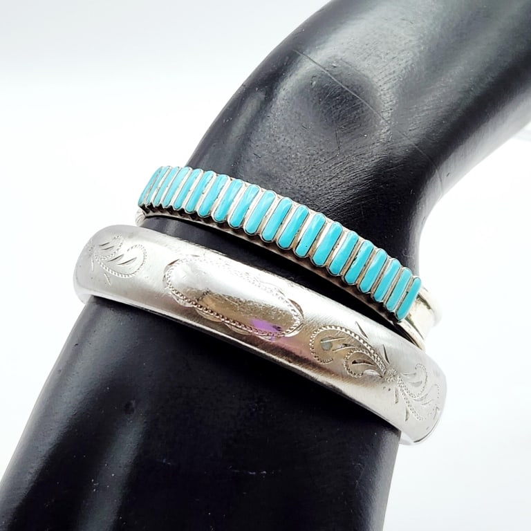 Sterling Silver Etched Bangle & Turquoise Cuff Bracelets: Bracelets Lot weighs 43.4 grams. Bracelets acid tested sterling.
