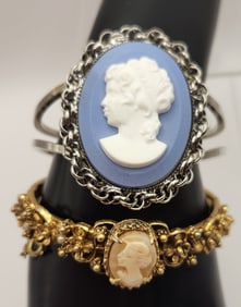 Vintage Silver Tone Hinged Cameo & Vintage Florenza Shell Cameo Hinged Bracelets