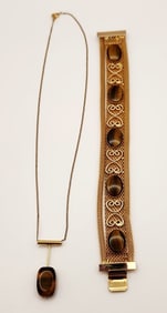10K Gold Tiger Eye Pendant On 12K Gold Chain & Paradise Gold Tone Tiger Eye