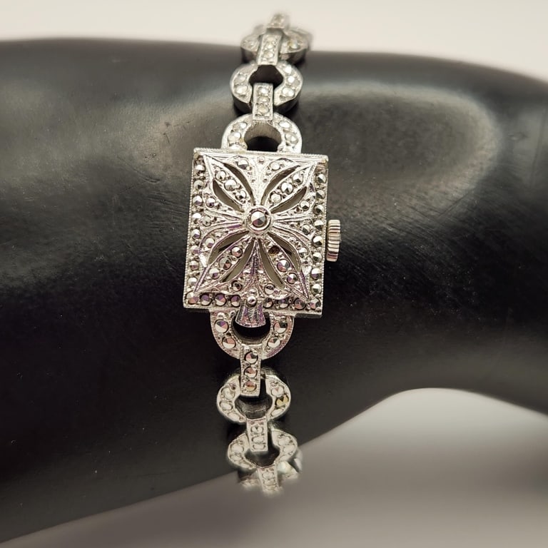 Vintage 800 Sterling & Marcasite Hamilton Watch Ladies Watch: Ladies Watch Safety Chain Weighs 24.3 grams. Watch is 6". Watch was running & keeping time when it was cataloged