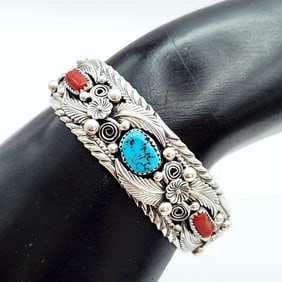 Sterling Sleeping Beauty Turquoise & Coral Cuff Cuff Bracelet Weighs 42.7 grams.