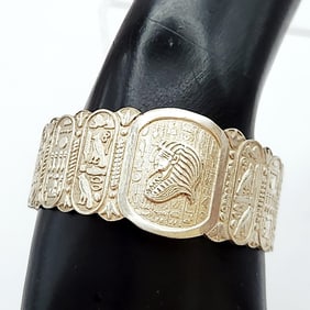 Sterling Silver Egyptian Motif Cuff Bracelet Weighs 56.2 grams.
