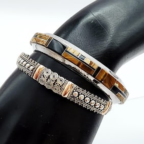 Sterling Silver Inlay Tiger Eye & Onyx & Sterling & Vermeil Cuff Bracelets