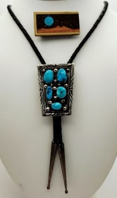 Sterling Silver & Turquoise Bolo Tie Signed Joe & Southwest Motif Money Clip