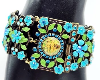 Vintage Michael Morrison MX Green Blue Enamel Crystal Flower Cherub Bracelet