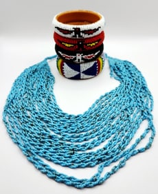 Navajo Beaded Bangle Bracelet & Turquoise Beaded Necklace Necklace is 23".