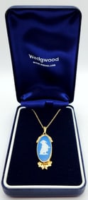 Vintage Wedgwood Blue Jasperware Pendant Necklace Original Box Gold Tone Necklace is 17.5".