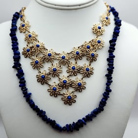 Isaac Misrahi Gold Tone & Blue Bead Flower Bib & Lapis Lazuli Necklaces