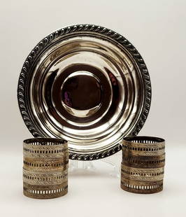Antique Manchester Sterling Bowl 997 G & 8 Silver Tone Filigree Napkin Rings: Tone Filigree Napkin Rings Bowl weighs 77.1 grams.