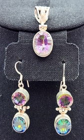 925 Sterling Mystic Topaz Earrings & Pendant Lot weighs 17.5 grams.