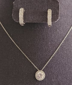 925 Sterling Halo Rhinestone Necklace & Earrings Necklace is 18" Lot weighs 9.4 grams.