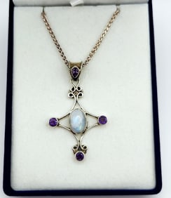 925 Sterling Moonstone & Amethyst Pendant Necklace Necklace is 16" Lot weighs 17.2 grams.
