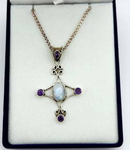 925 Sterling Moonstone & Amethyst Pendant Necklace Necklace is 16" Lot weighs 17.2 grams.: Necklace is 16" Lot weighs 17.2 grams.