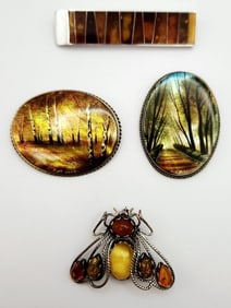 Sterling Amber Bar & Bug Brooches & Landscapes Painted On Mother-Of-Pearl Brooches Pins