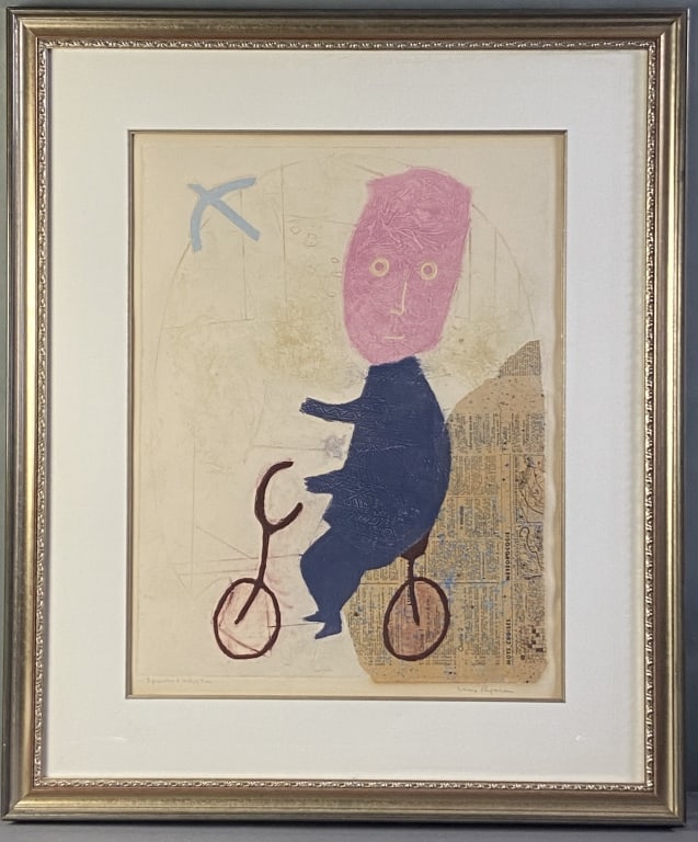 Max Papart Mixed Media Painting Cycliste Artwork by Max Papart using paint and newspaper entitled: Artwork by Max Papart using paint and newspaper entitled Cycliste from 1972. Signed in pencil. Artwork with May and frame is 31 1/2 X 37 1/2 inches in size.