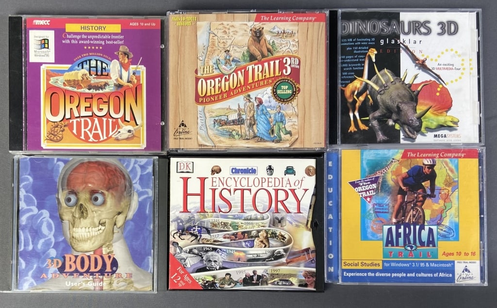 Computer Games Oregon Trail Dinosaurs Oregon Trail, Oregon Trail 3, Dinosaurs 3D, Encyclopedia of: Oregon Trail, Oregon Trail 3, Dinosaurs 3D, Encyclopedia of History, 3D Body Adventure, and Africa Trail. Games sold untested.