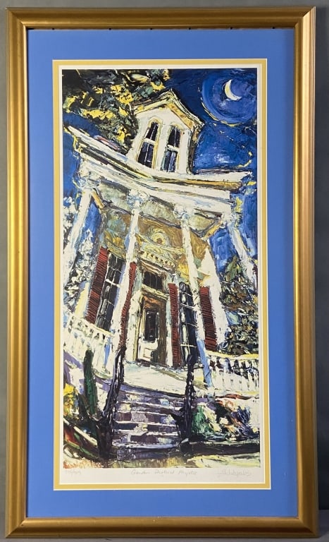 James Michalopoulos Lithograph Signed Garden District Mystic lithograph from the painting by James: Garden District Mystic lithograph from the painting by James Michalopoulos, signed and numbered 715/989. Glass panel has slid down slightly. Artwork with frame is 21 3/4 X 37 inches in size.