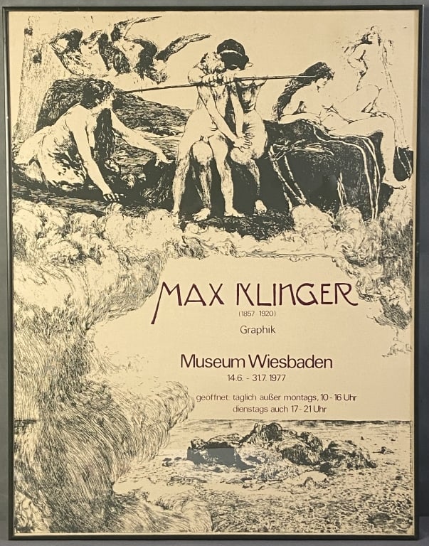 Max Klinger 1977 Exhibit Poster Lithograph poster for the 1977 exhibit of Max Klinger's work at the: Lithograph poster for the 1977 exhibit of Max Klinger's work at the Museum Wiesbaden. Poster with frame is 24 X 31 inches in size.