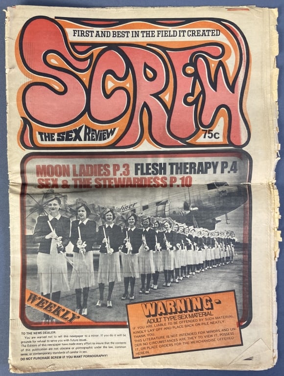 Vintage Screw Sex Review Newspaper 1969 July 25 1969 issue of Screw Sex Review. Includes full page: July 25 1969 issue of Screw Sex Review. Includes full page ad for Andy Warhol show Fuck. Some yellowing and edge wear.