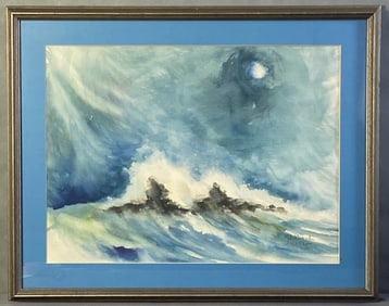 Vintage Seascape Original Watercolor Painting Framed watercolor painting of waves crashing on rocks
