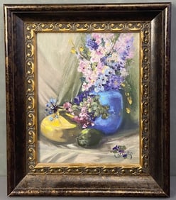 Floral Oil Painting Signed Modern late 20th century oil painting of flowers in a pot. Signature