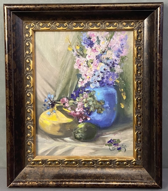 Floral Oil Painting Signed Modern late 20th century oil painting of flowers in a pot. Signature: Modern late 20th century oil painting of flowers in a pot. Signature appears to be Cartoon. Artwork with frame is 16 1/4 X 19 1/4 inches in size.