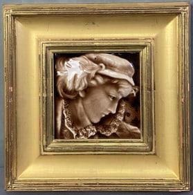 Antique Portrait Tile in Frame Issac Broome tile with the face in profile of an Italian young man in