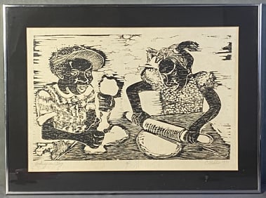 Vintage African American Woodblock Art Signed Wood block art entitled Working in Clay, signed C