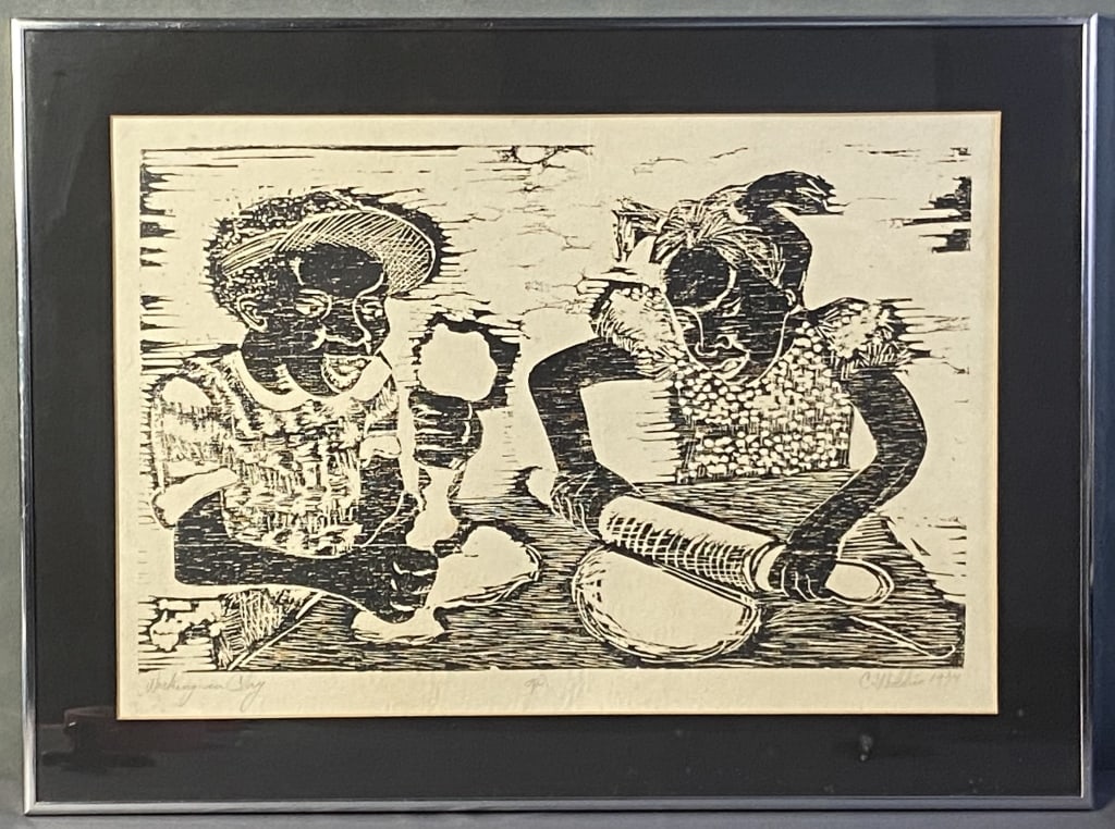 Vintage African American Woodblock Art Signed Wood block art entitled Working in Clay, signed C (1 of 7)