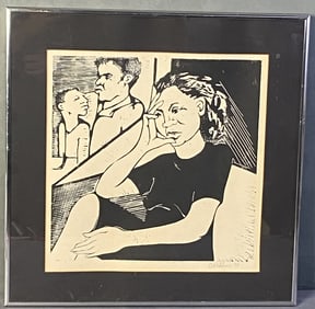 Vintage Woodblock Linocut Signed Woodblock print of a family, mother in foreground, father and child
