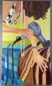 Original Oil Painting Hair Salon Large oil painting on canvas of a woman blow drying another woman's