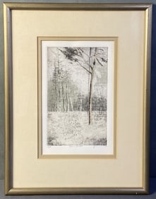 Silver Forest Etching by Frank Kaczmarek Signed Hand colored etching of a forest in winter. Titled