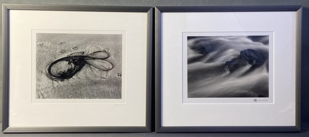 Seascape Photography Set of Two Signed PFF Two framed black and white photographs, one of kelp on