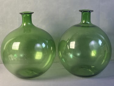Large Hand Blown Green Glass Vases Large bulbous green glass vases. Clean, no chips or cracks, some
