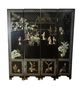 Chinese Black Lacquer Inlaid Soap Stone 4 Panel Room Divider Screen