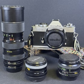 Vintage Minolta XD5 Film Camera & 3 Lenses Plus two vintage camera straps. Soligor 85-205 1:3.8,
