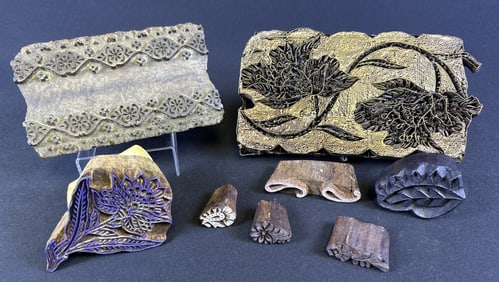 Indian Carved Wood & Metal Textile Printing Blocks 8 blocks. Please refer to photos for pattern