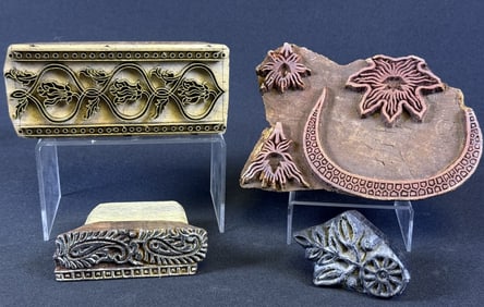 Indian Carved Wood & Metal Textile Printing Blocks Four blocks. Please refer to photos for pattern
