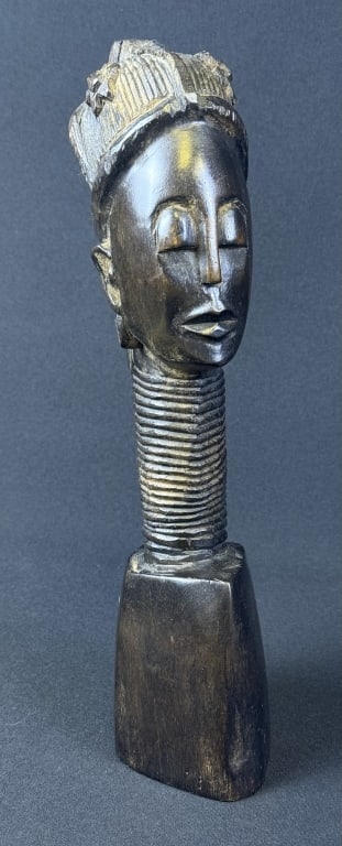 African Tribal Carved Wood Long Neck Bust Measures 12 inches tall by 4 inches he’s deep. Please: Measures 12 inches tall by 4 inches he’s deep. Please refer to photos for item details and condition information