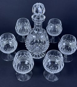 Waterford Crystal Brandy Decanter & Glasses Set 7 pieces. 6 snifters measuring 5.5 x 3.5 inches.