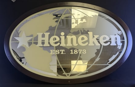 Large Heineken Beer Bar Sign Mirror 48 x 32 inches. Screw holes top and bottom. Please see photos