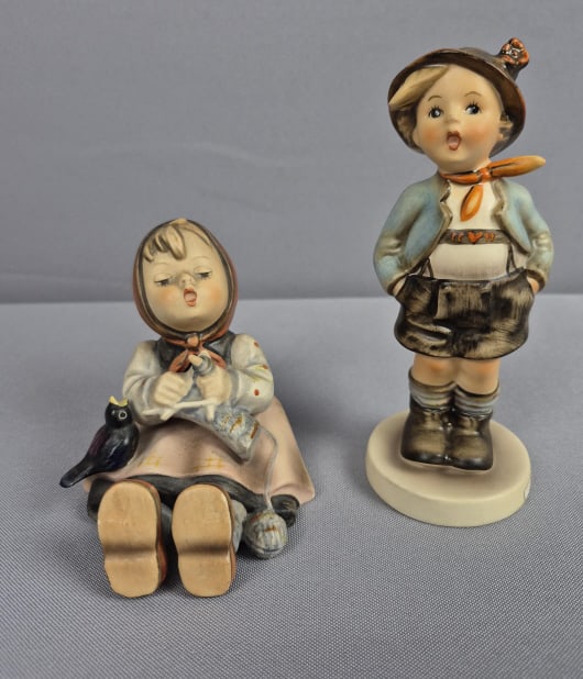 Goebel Hummel Figurines Happy Pastime 69 & Brother 95: Brother 95 Happy Pastime measures 3.5 inches tall, TMK #3. Brother measures 5.5 inches tall, TMK #5. Brother has a small chip on base and crazing. Please see images for details regarding the condition