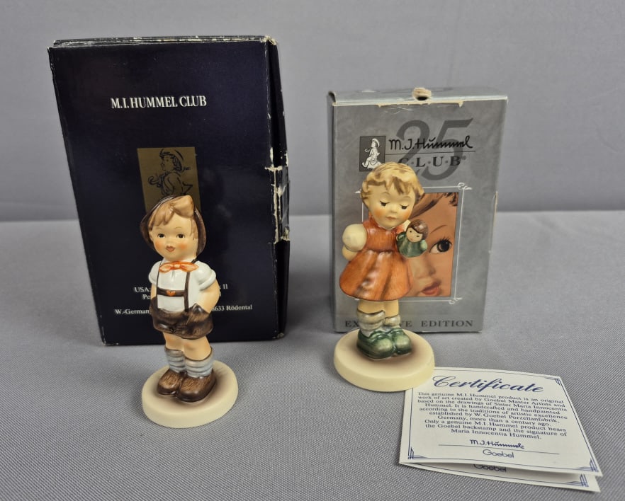 Goebel Hummel Figurines For Keeps 630 & Puppet Princess 2103A with Boxes: Princess 2103A with Boxes For Keeps measures 3.5 inches tall, TMK #7. Puppet Princess measures 3.75 inches tall, TMK #8. Both free from chips and cracks. Please see images for details regarding the co