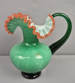 Murano Art Glass Ruffled Edge Vase Pitcher 9 inches tall. Small scratch in ruffle, free from chips.