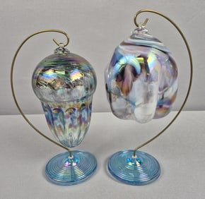 Pair of Art Glass Iridescent Ornaments with Stands Free from damage. Please see images for details